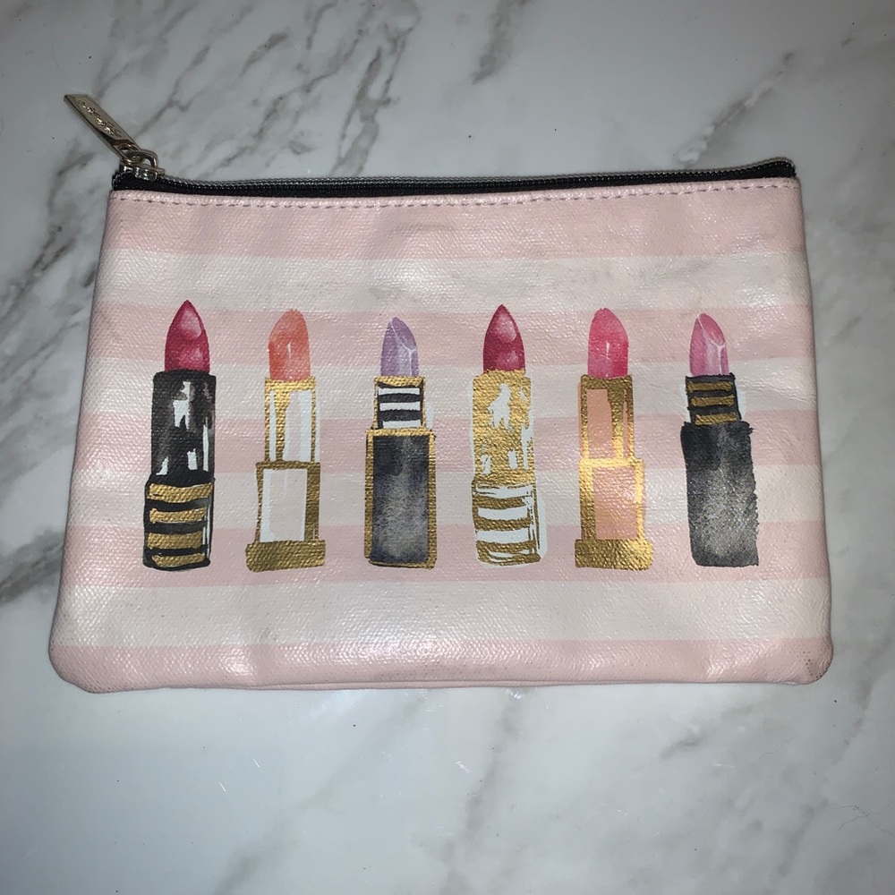 Lipstick Print Striped Metallic Detail  Makeup Bag Cosmetic Pouch